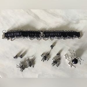 Halloween, 3 pair of spider earrings, ring, and choker necklace